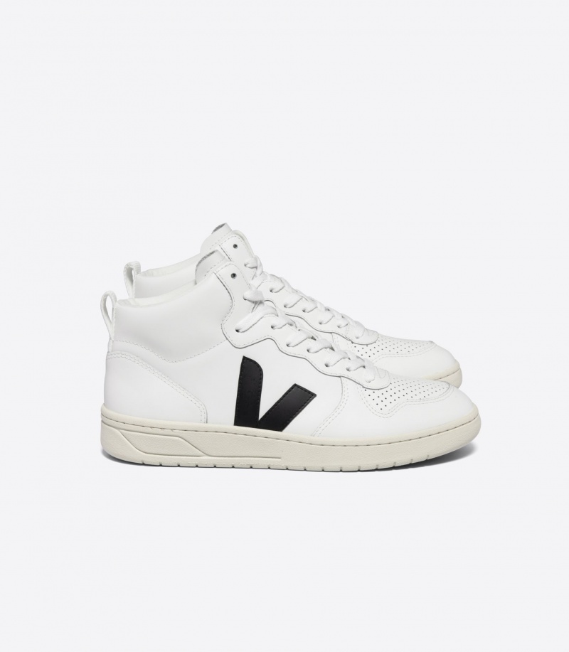 Women\'s Veja V-15 Leather White Black | 5138-PTWCG